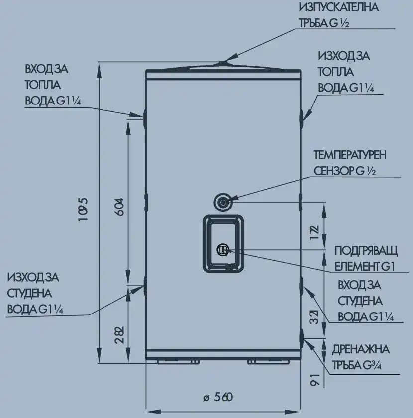 буферен съд R-Aqua CBT150л с една серпентина, c вграден нагревател 3
