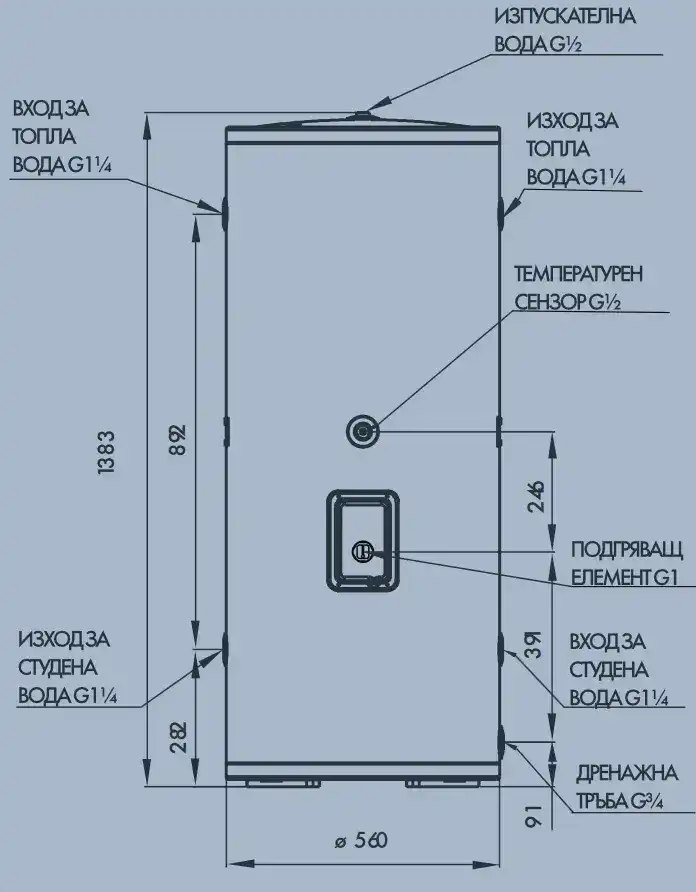 буферен съд R-Aqua CBT200л с една серпентина, c вграден нагревател 3