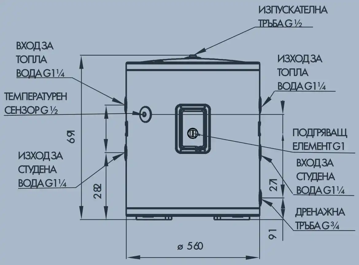 буферен съд R-Aqua CBT80л с една серпентина, c вграден нагревател 3